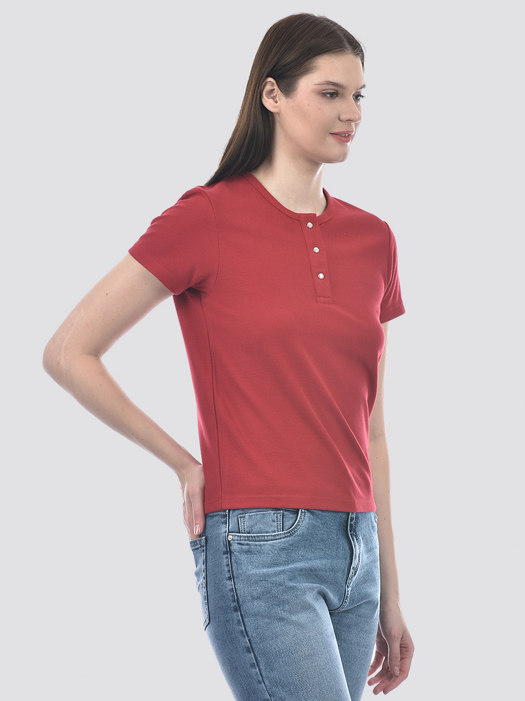 Numero Uno Women Red Henley Neck Waffle Knit T-Shirt